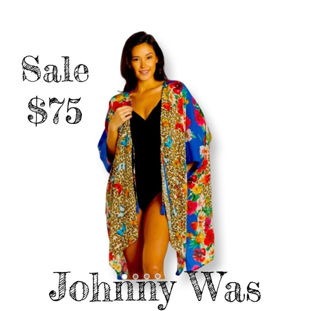 Johnny Was Kimono Animal print with butterflies and tropical flowers